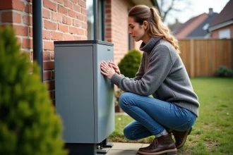 Femme près d'une pompe à chaleur moderne dans un jardin