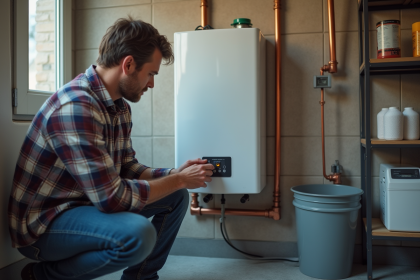Homme moyenâgeux examine un chauffe-eau mural moderne dans une buanderie