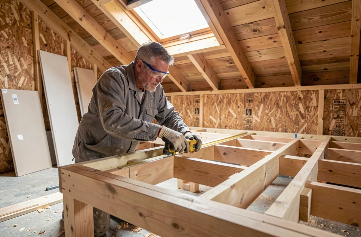 Ouvrier mesurant le cadre de chevêtre en bois autour d'une fenêtre de toit Velux 78x98 dans un grenier en rénovation