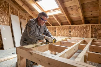 Ouvrier mesurant le cadre de chevêtre en bois autour d'une fenêtre de toit Velux 78x98 dans un grenier en rénovation