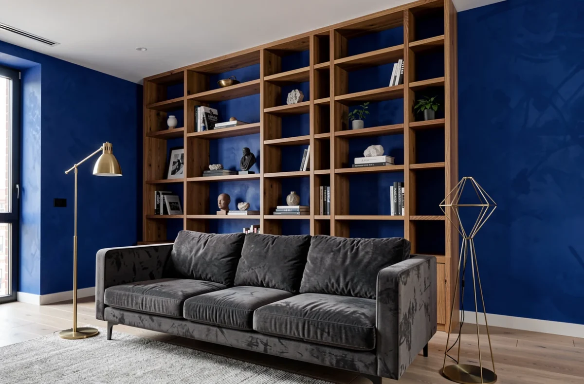 Intérieur résidentiel audacieux avec mur en bleu cobalt et mobilier design en velours et chêne