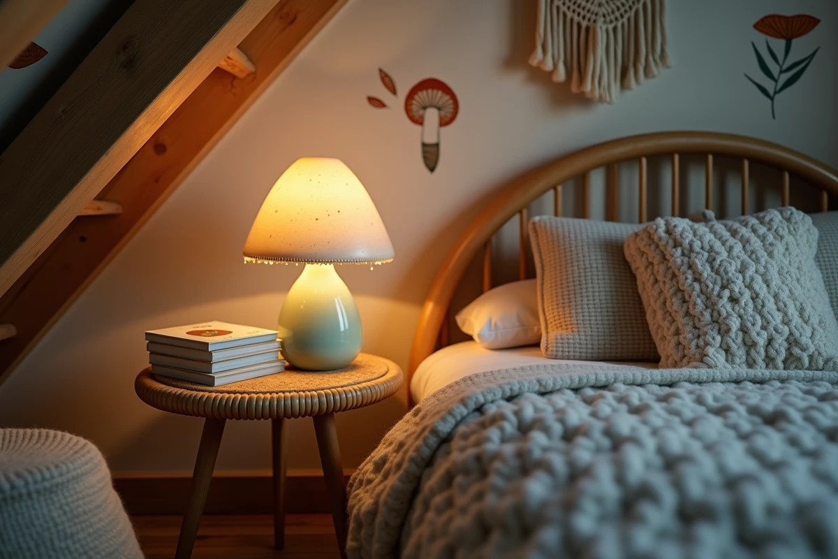 Coin de chambre enfant au crépuscule avec lampe champignon en céramique sur table de nuit en rotin, papier peint botanique et couverture en laine tricotée