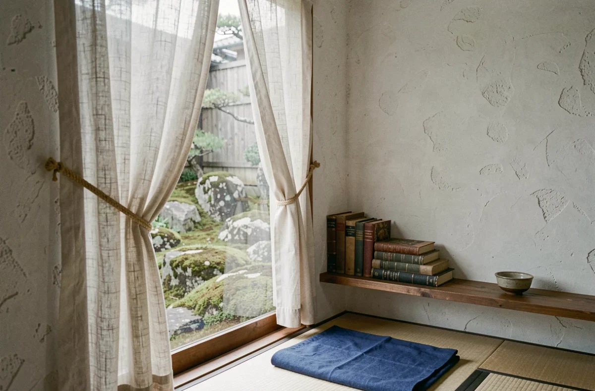 Coin lecture japonisant avec rideaux en mousseline naturelle et vue sur jardin zen, décoration wabi-sabi authentique