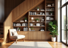 Coin lecture cosy sous un escalier en bois avec étagères et plantes