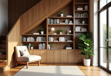 Coin lecture cosy sous un escalier en bois avec étagères et plantes