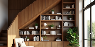 Coin lecture cosy sous un escalier en bois avec étagères et plantes