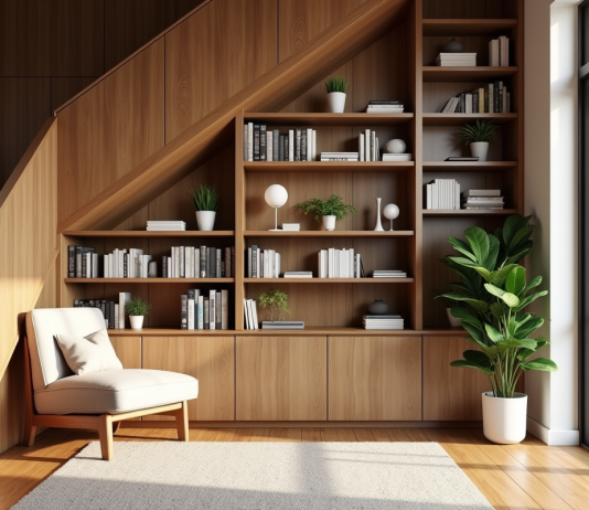 Coin lecture cosy sous un escalier en bois avec étagères et plantes