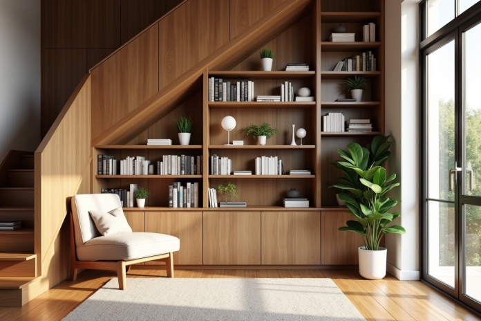 Coin lecture cosy sous un escalier en bois avec étagères et plantes