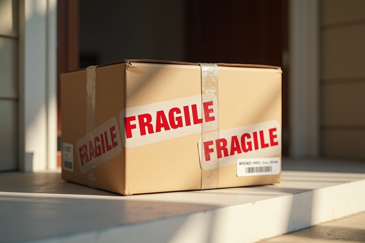 Colis fragile scelle avec stickers sur le seuil