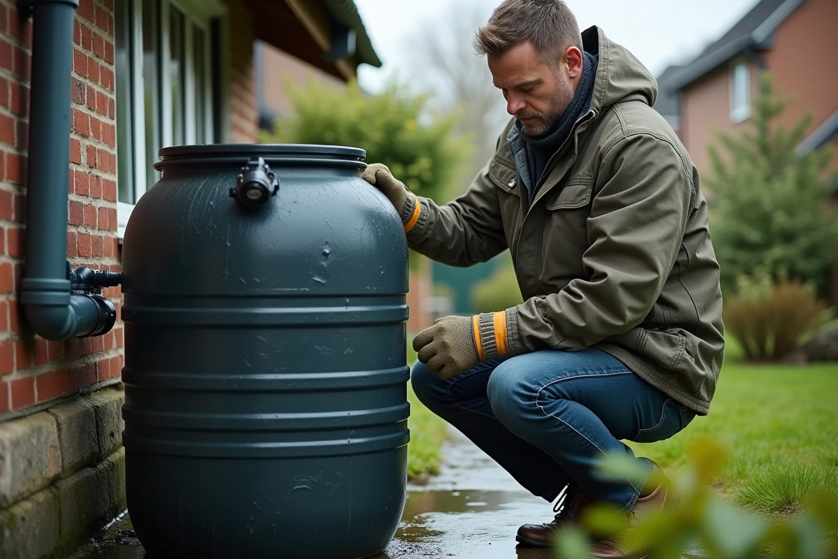 Homme inspectant un système de collecte et filtration d'eau de pluie avec filtre à sédiments et purification UV dans un jardin