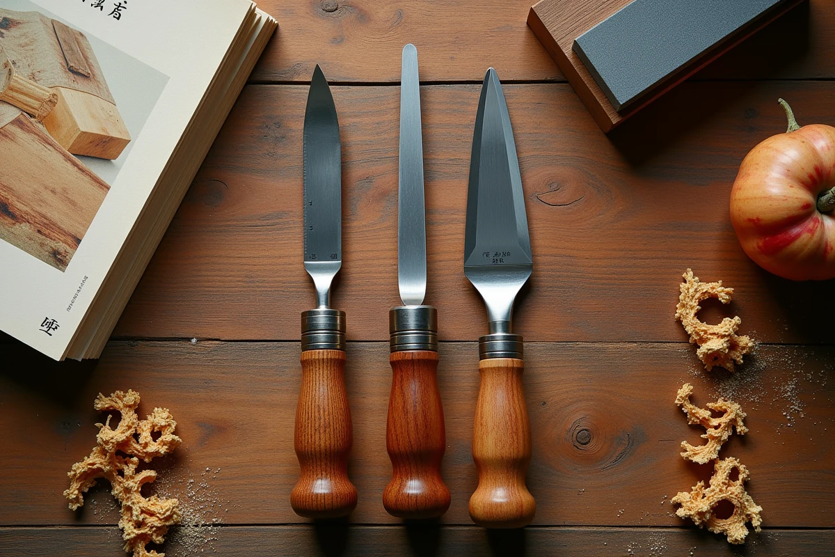 Collection de gouges à bois japonaises posées sur un établi en pin avec une pierre à affûter et des copeaux dorés
