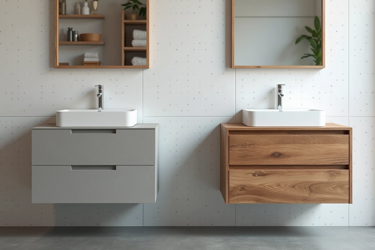 Comparaison meuble salle de bain en béton cellulaire et meuble en bois pin dans un showroom de bricolage