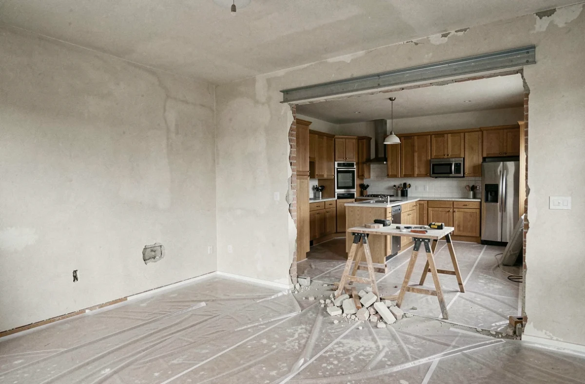 Vue grand angle d'un salon en rénovation montrant le contraste entre un mur non porteur démoli et une cloison intacte