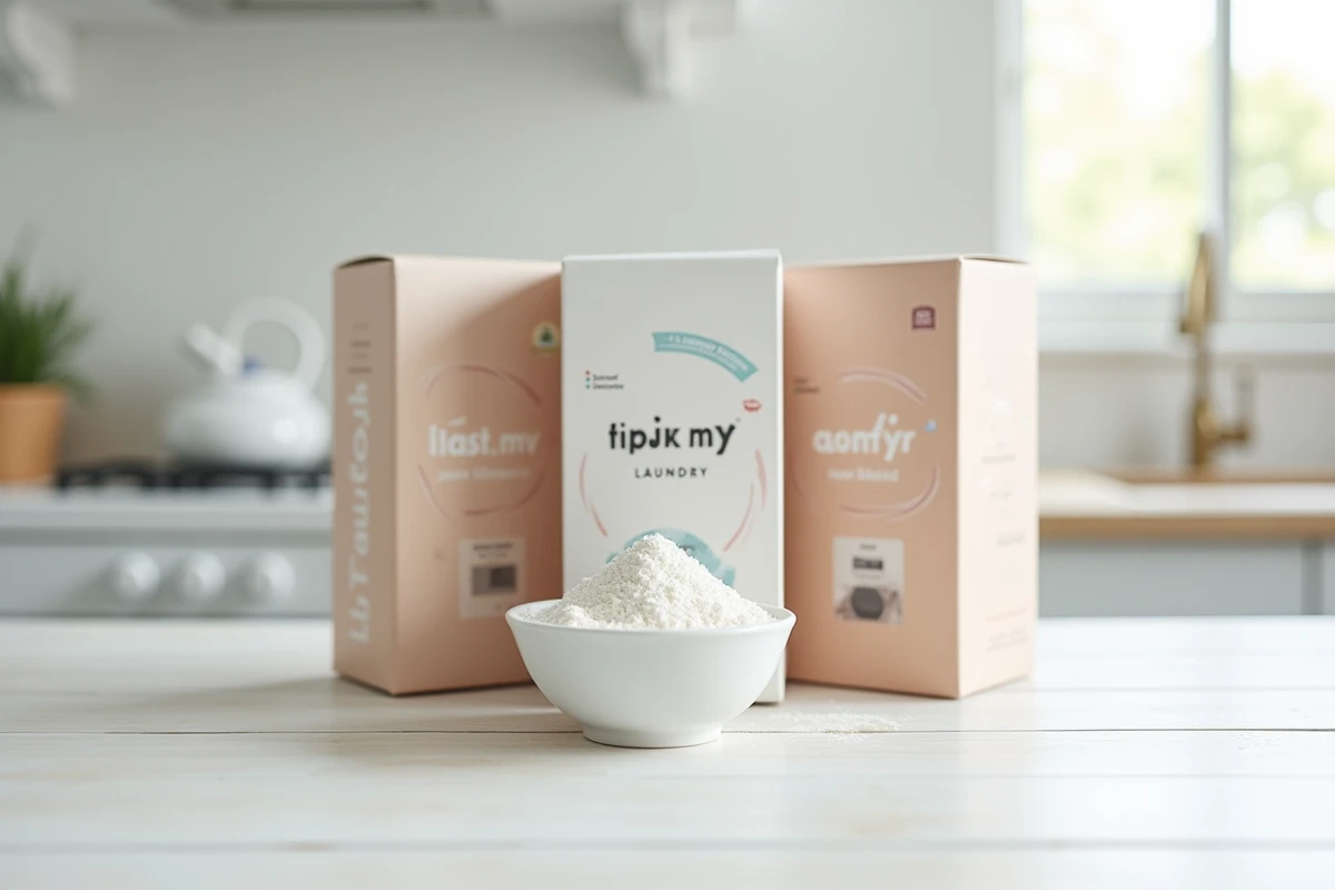 Comparatif de boîtes de lessive en poudre alignées sur une surface en bois blanc avec bol de granules
