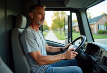 Homme d'âge moyen dans le camion de déménagement