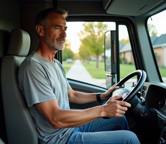 Homme d'âge moyen dans le camion de déménagement
