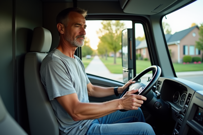Homme d'âge moyen dans le camion de déménagement
