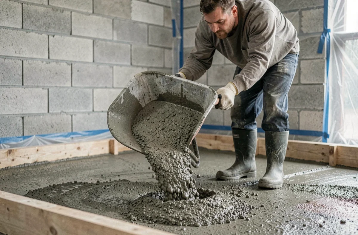 Coulage d'une chape maigre dosée à la brouette dans un garage en construction, détail du mélange béton maigre
