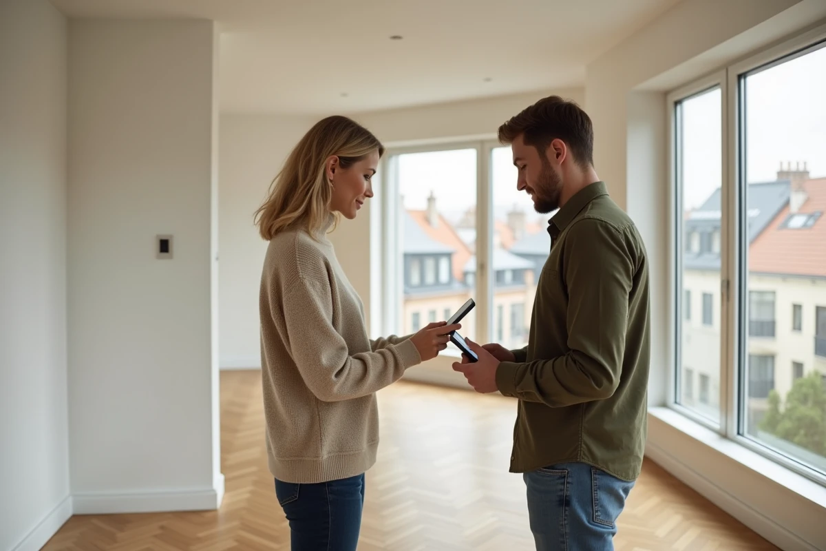 Couple découvrant la projection virtuelle de leur futur appartement neuf via une application mobile de promoteur immobilier