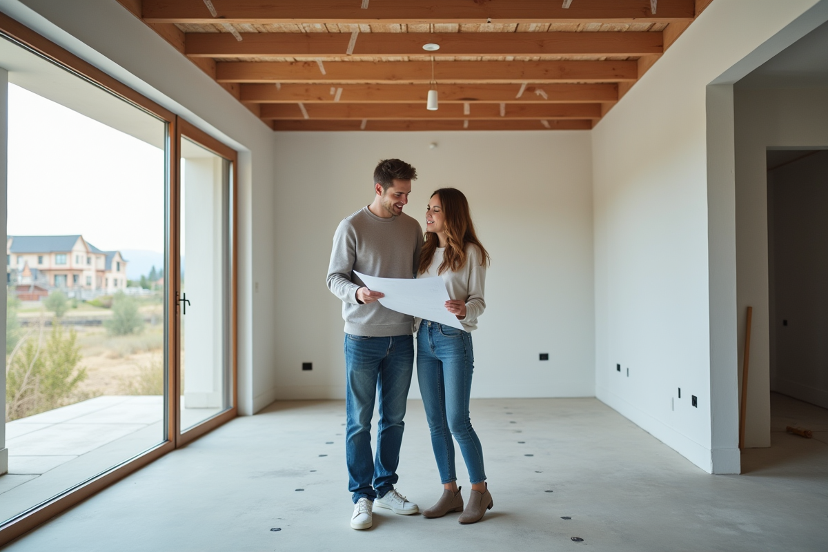 Jeune couple examinant des plans dans une maison en construction