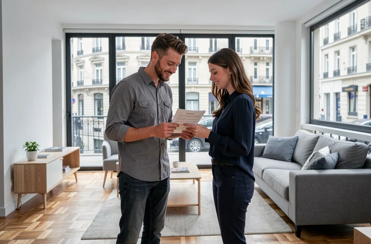 Couple examinant un contrat d'assurance habitation dans un appartement T2 moderne en centre-ville