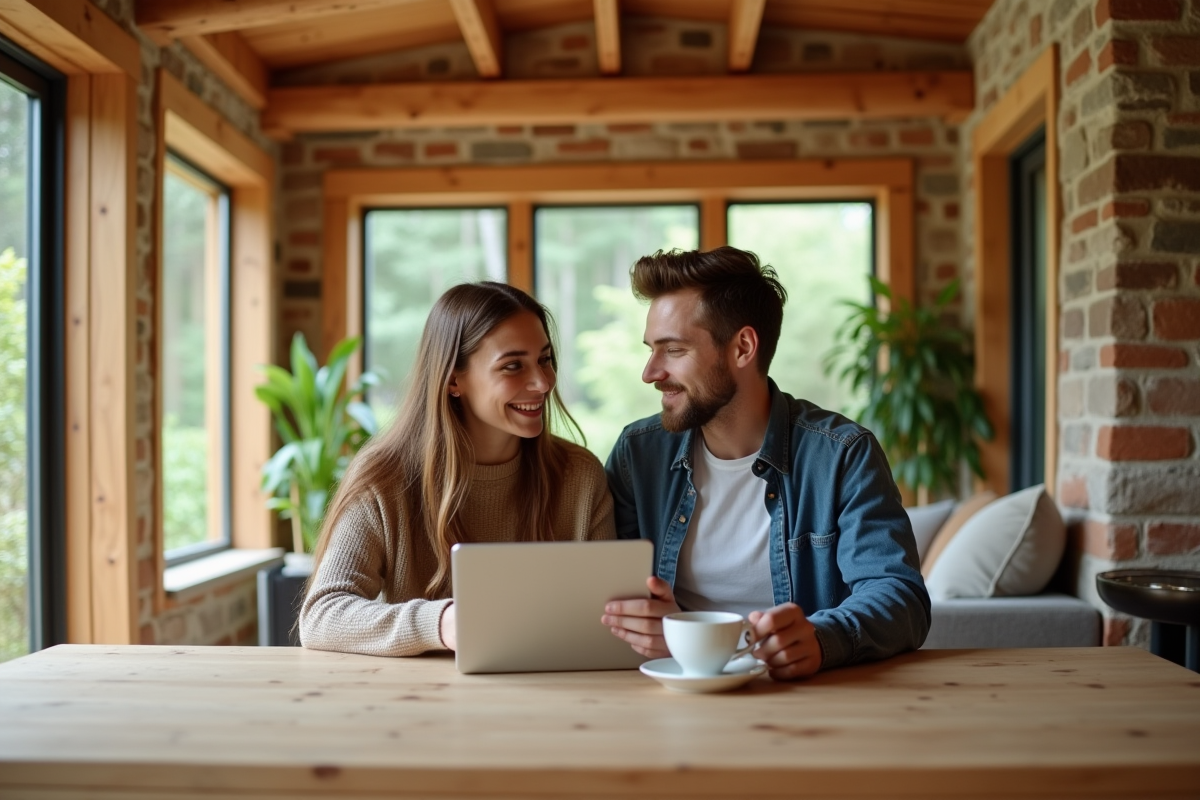 Jeune couple discutant dans un intérieur en bois naturel