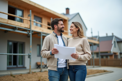 Couple devant leur maison en rénovation avec plans