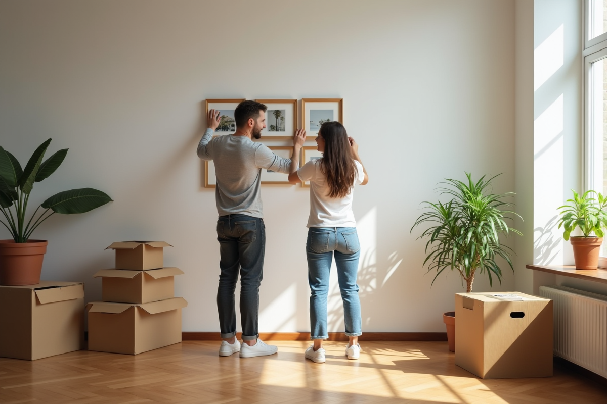 Jeune couple accrochant des photos sur un mur