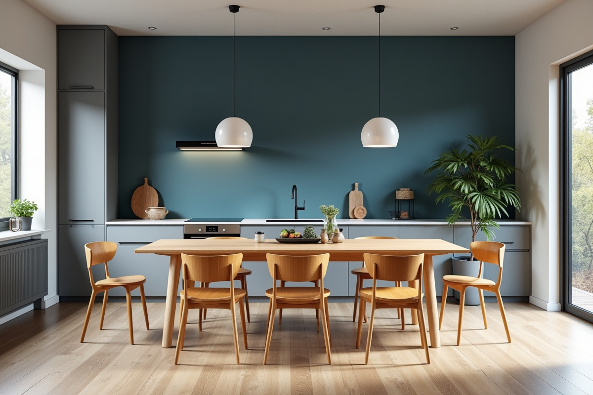 Cuisine ouverte scandinave avec mur bleu et éclairage naturel