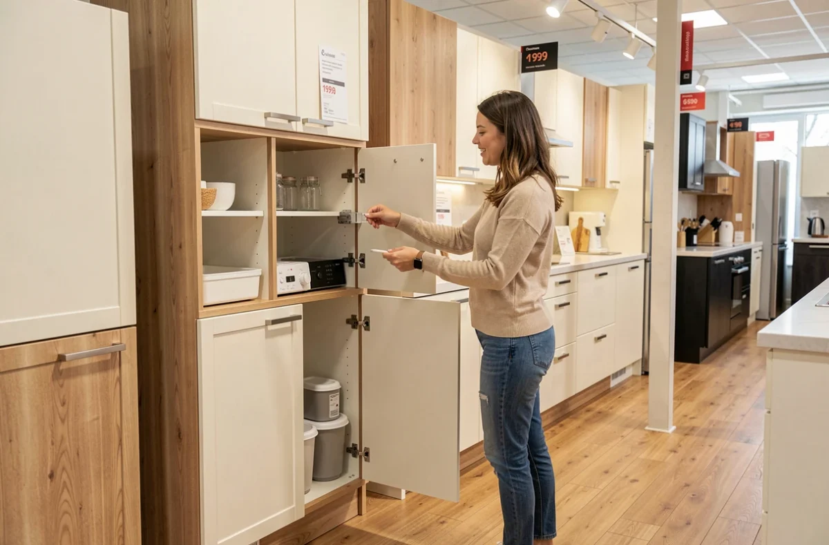 Jeune femme explorant les options de personnalisation d'une cuisine Cuisinella à Chartres