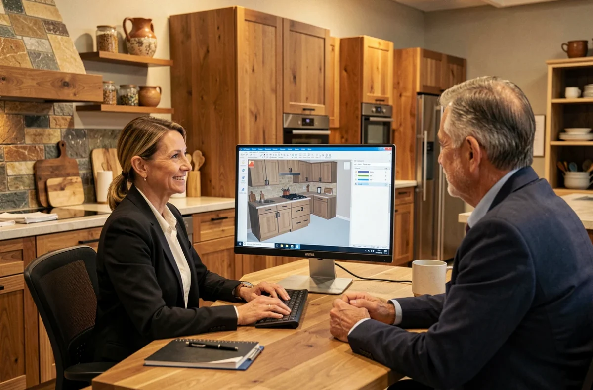 Designer Cuisines Aviva dans le nord de l'Eure-et-Loir présentant un plan 3D de cuisine à un client en showroom