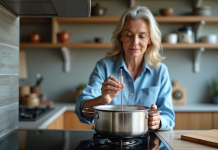 Femme cuisinant avec un thermometre dans une cuisine lumineuse