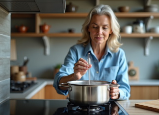 Température de l’eau : Comment mesurer à 60 degrés ? Découvrez nos astuces pratiques Femme cuisinant avec un thermometre dans une cuisine lumineuse