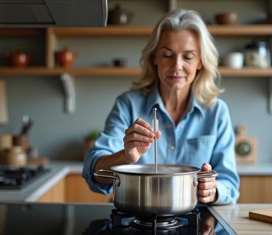 Température de l’eau : Comment mesurer à 60 degrés ? Découvrez nos astuces pratiques Femme cuisinant avec un thermometre dans une cuisine lumineuse