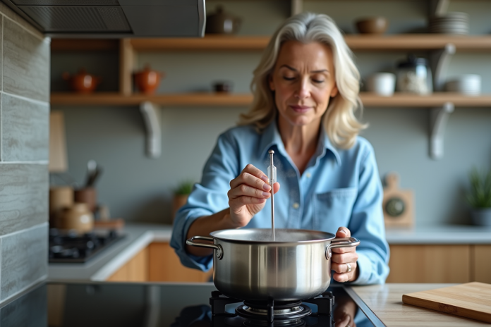 Femme cuisinant avec un thermometre dans une cuisine lumineuse
