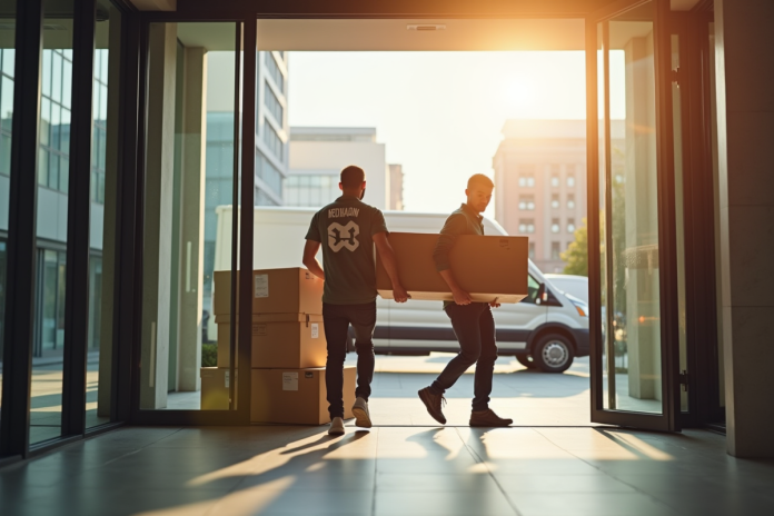 Équipe de déménageurs professionnels en uniformes transportant des cartons