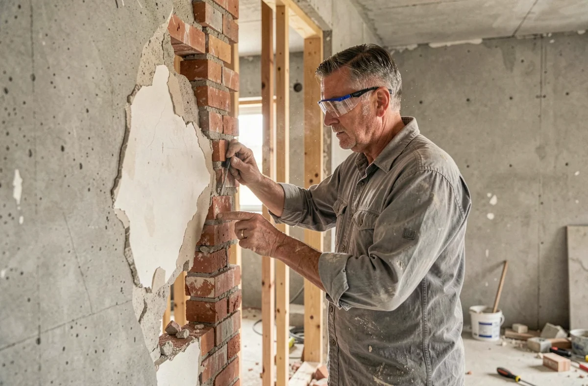 Entrepreneur en bâtiment inspectant un mur non porteur partiellement démoli dans un appartement en rénovation