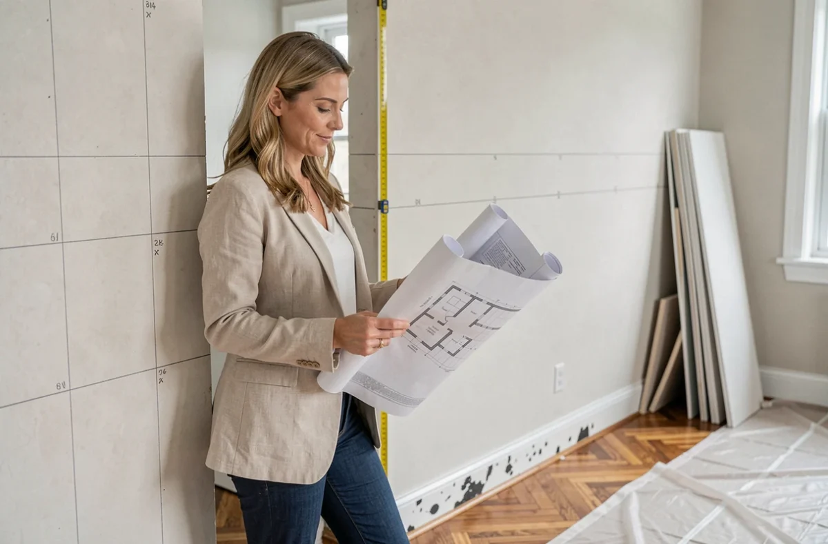 Designer d'intérieur étudiant le déplacement d'une cloison avec des plans architecturaux dans une maison en rénovation