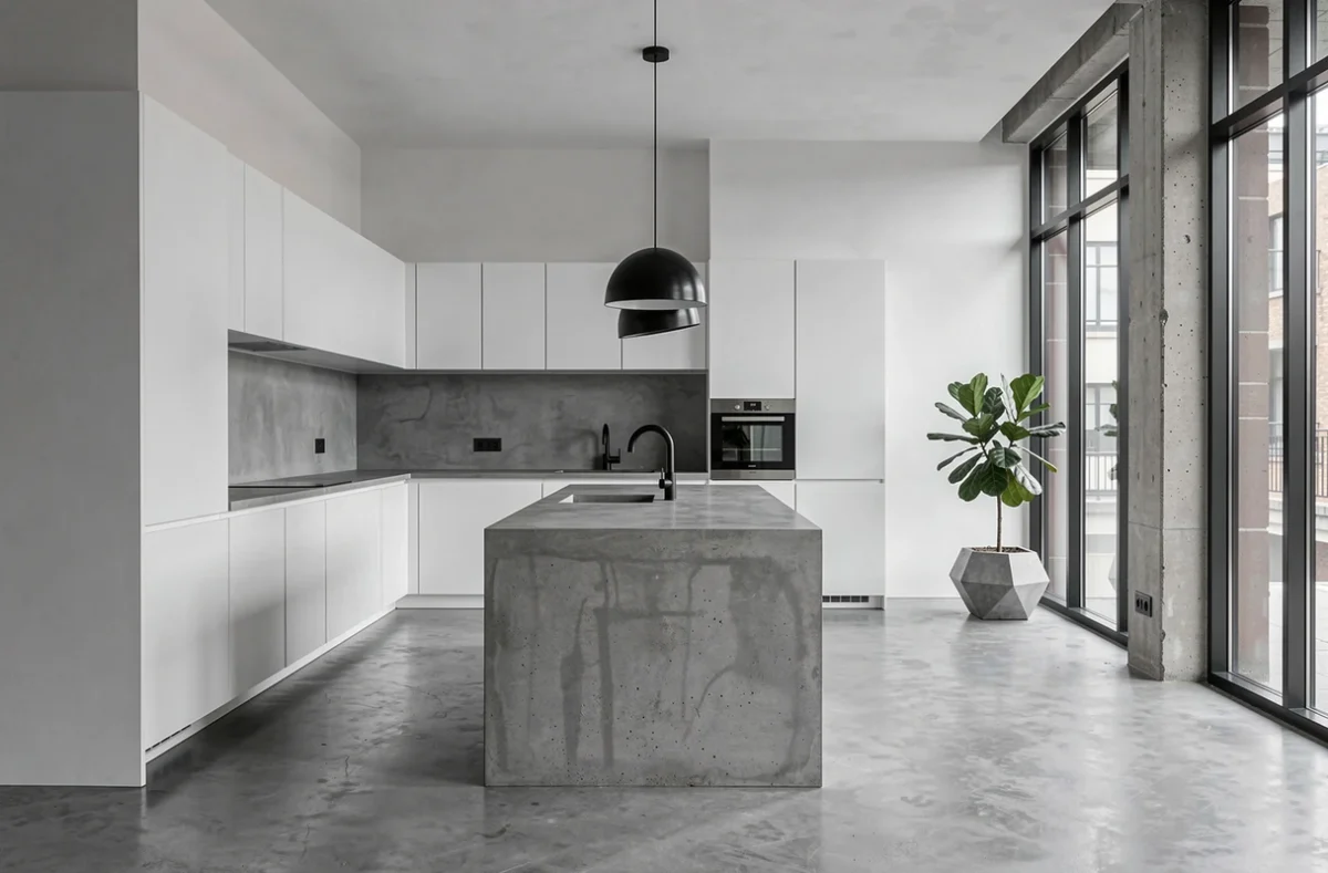 Espace cuisine minimaliste et architectural conçu par Deseli Studio en Haute-Savoie, avec cabinetry blanc et plan de travail en béton