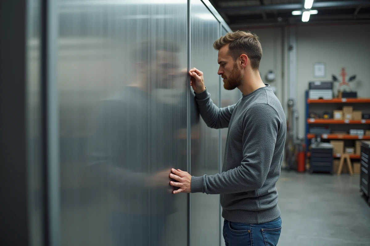Jeune designer industriel examinant un panneau métallique gris