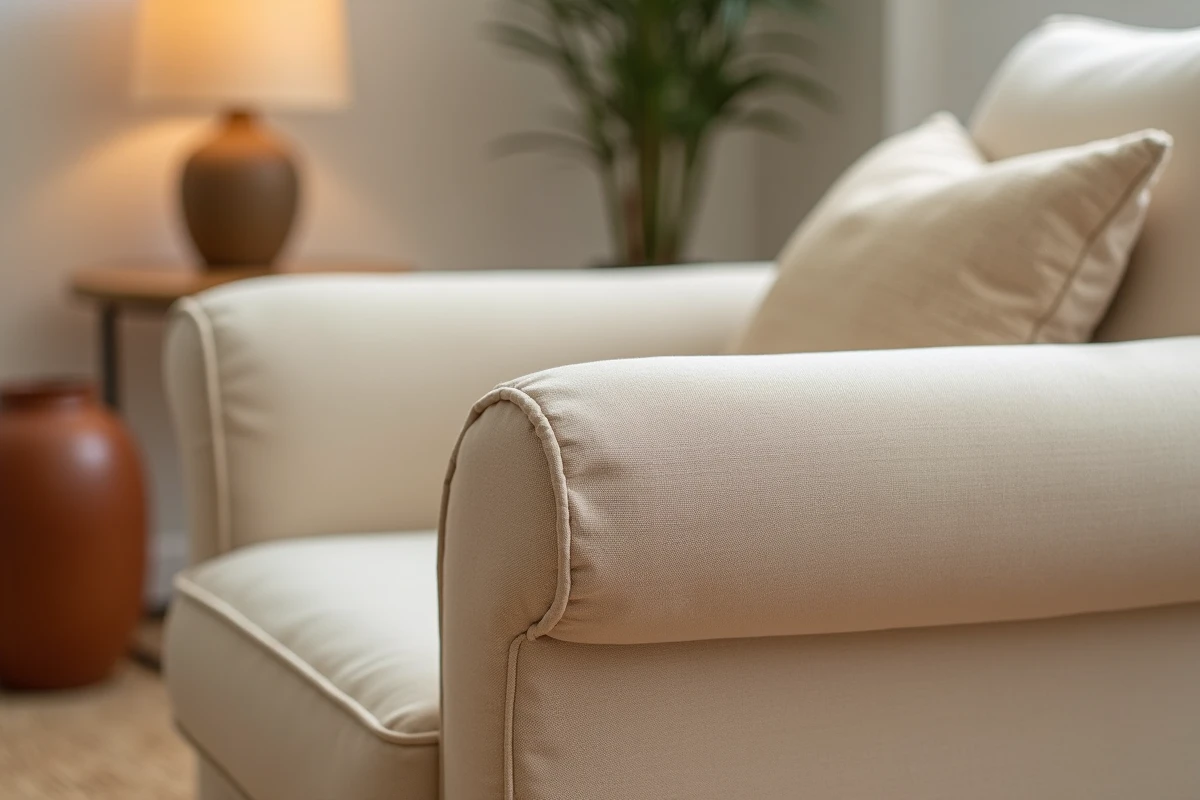 Gros plan sur la texture d'une housse de fauteuil extensible beige ajustée sur l'accoudoir d'un fauteuil scandinave
