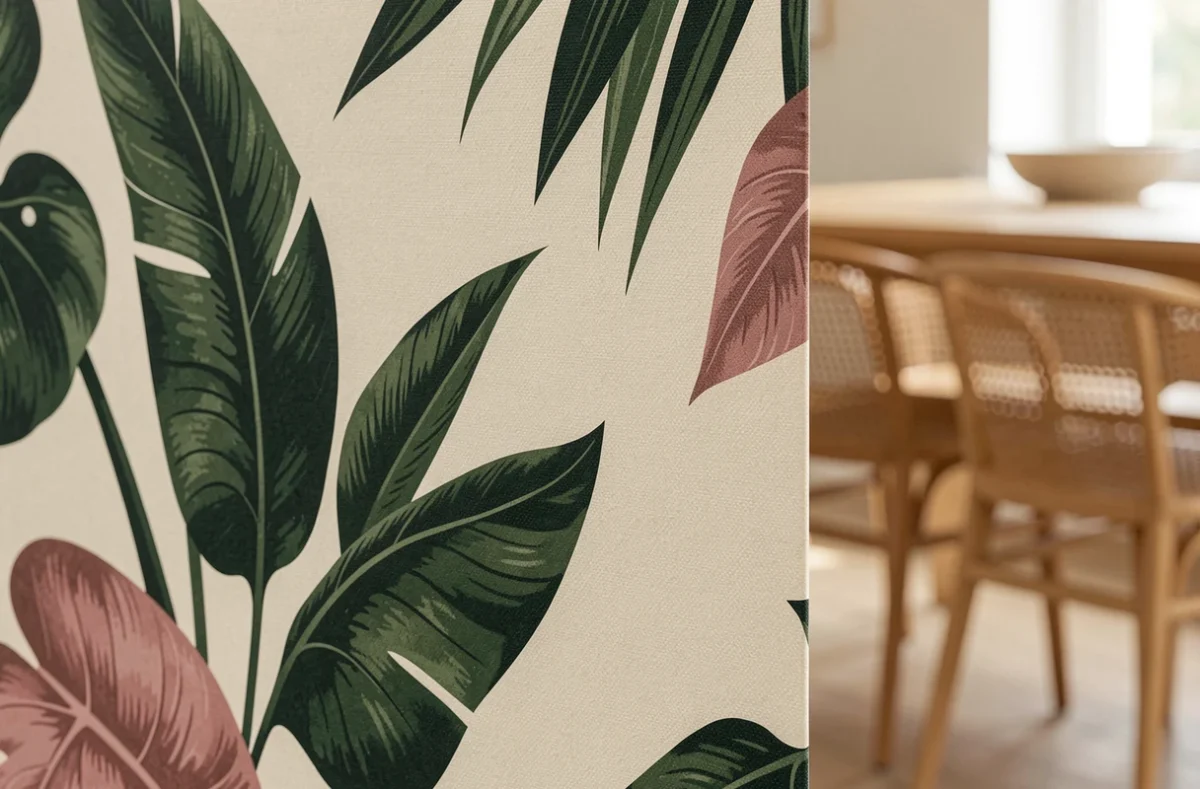 Gros plan sur un revêtement mural autocollant grande surface à imprimé botanique tropical avec finition mate effet lin dans une salle à manger