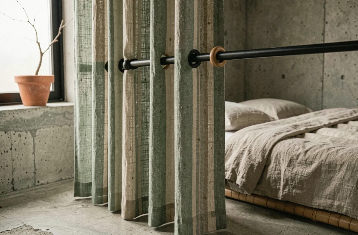 Gros plan sur des rideaux tissés en coton style wabi-sabi dans une chambre japonisante aux tons naturels