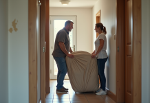 Homme et femme déplacent un canapé dans une maison moderne