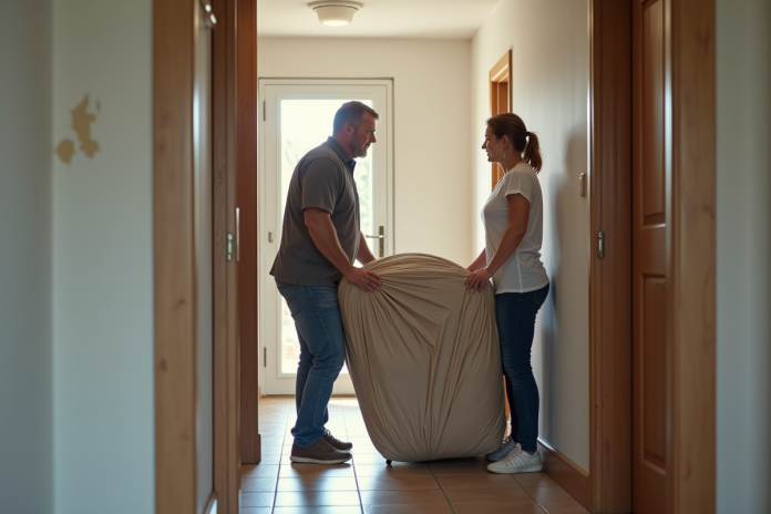 Homme et femme déplacent un canapé dans une maison moderne