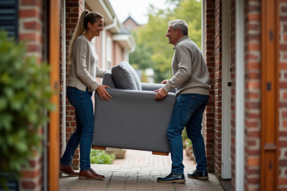 Un couple déplace un canapé dans une maison en briques