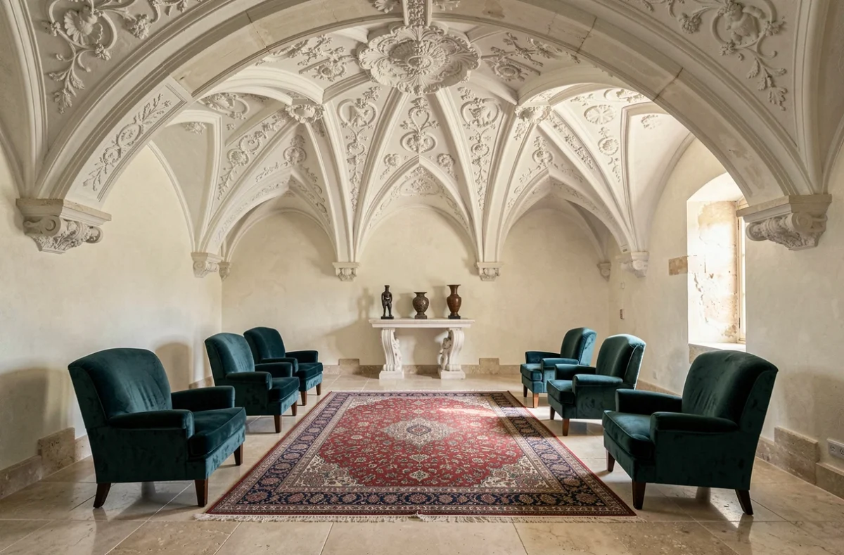 Salon à plafond voûté restauré par Dome Vanadia dans une bastide provençale avec fauteuils en velours sarcelle et sol en calcaire poli