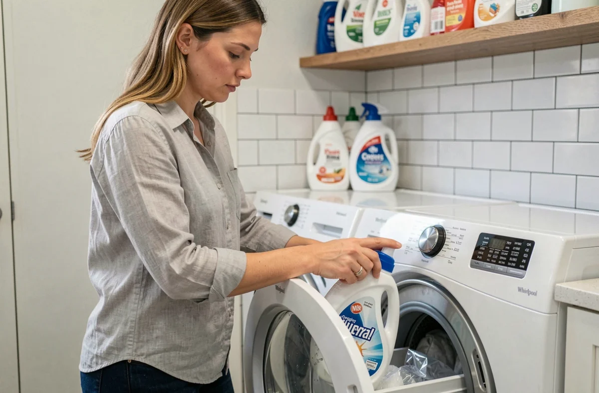 Femme dosant la lessive dans le tiroir d'un lave-linge Whirlpool 6th Sense 9kg dans une buanderie moderne
