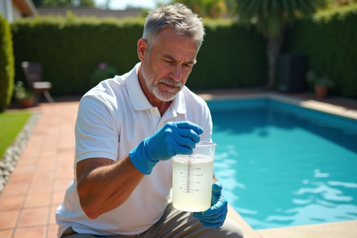 Homme mesurant la dose d'eau de javel pour une piscine de 50 m3 avec un verre doseur gradué