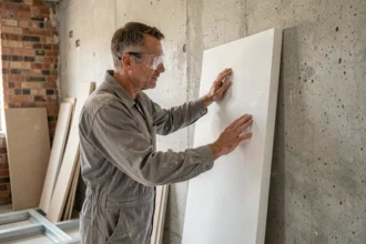 Ouvrier posant un panneau isolant rigide contre un mur en béton pour limiter les ponts thermiques lors d'un doublage placo